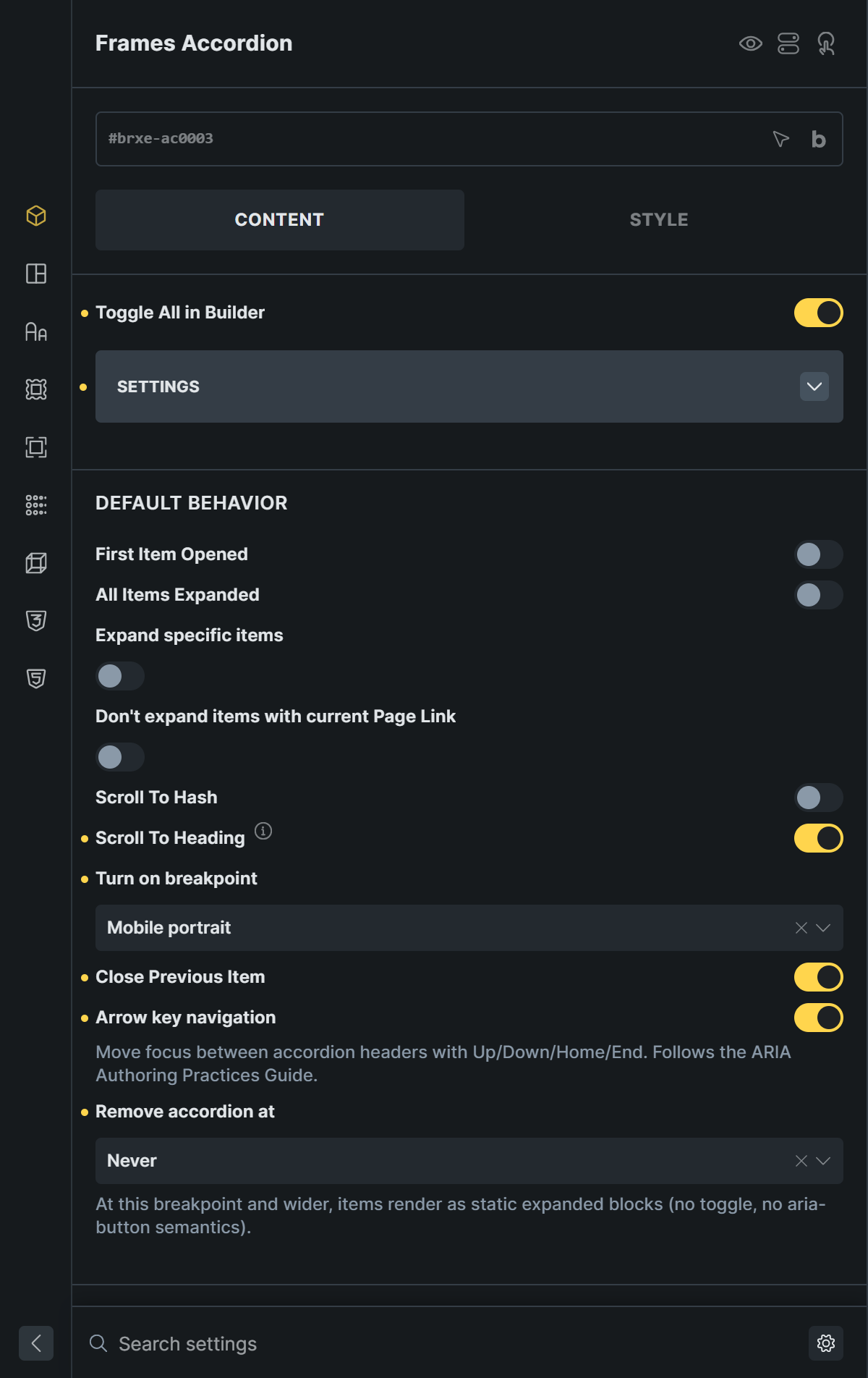 Settings panel of the Frames Accordion