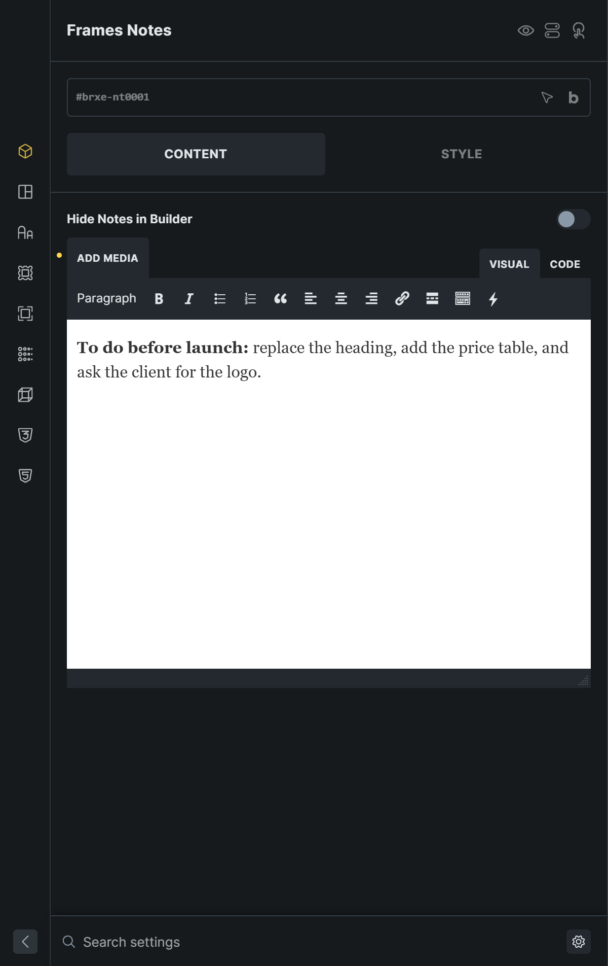 Settings panel of the Frames Notes element