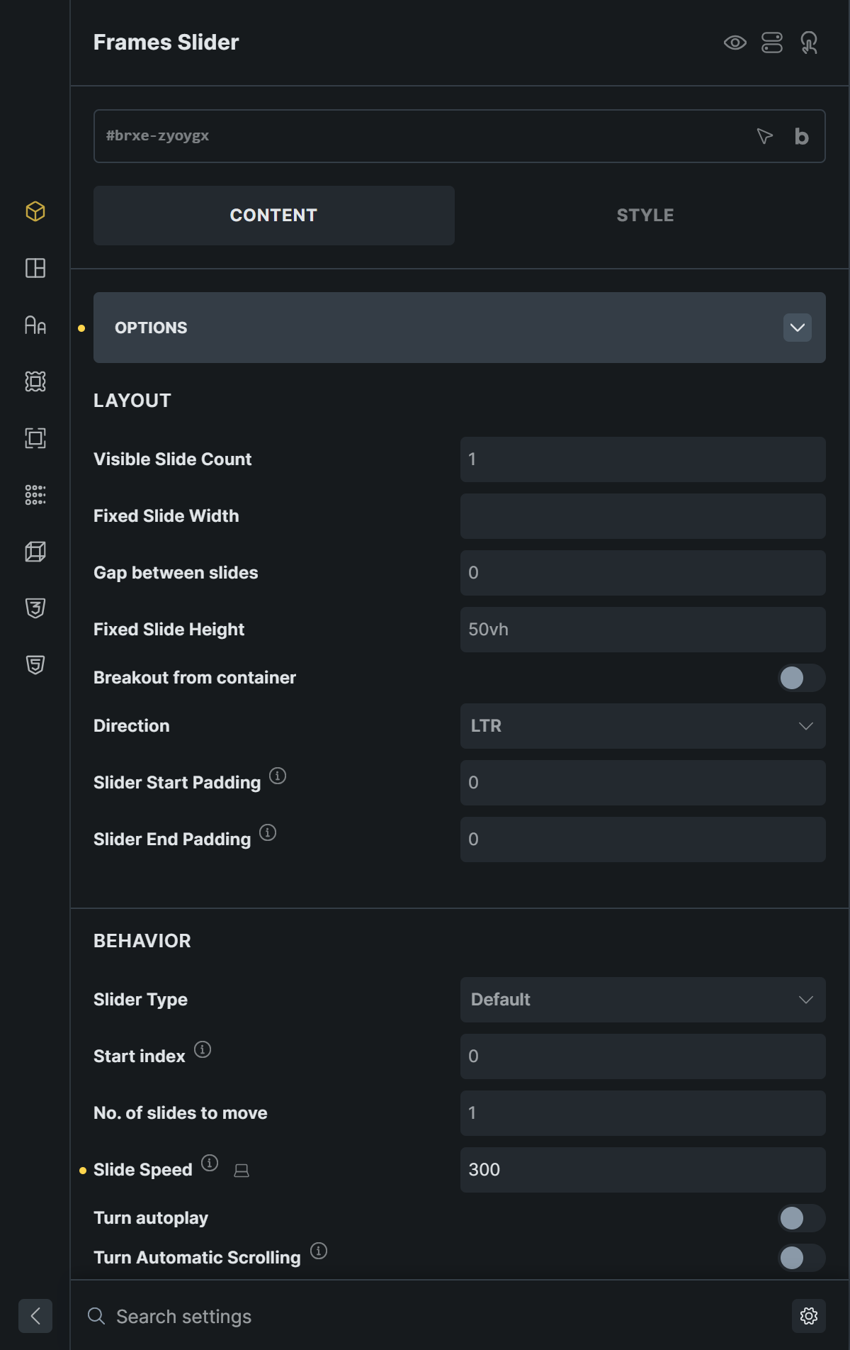 Options group of the Frames Slider