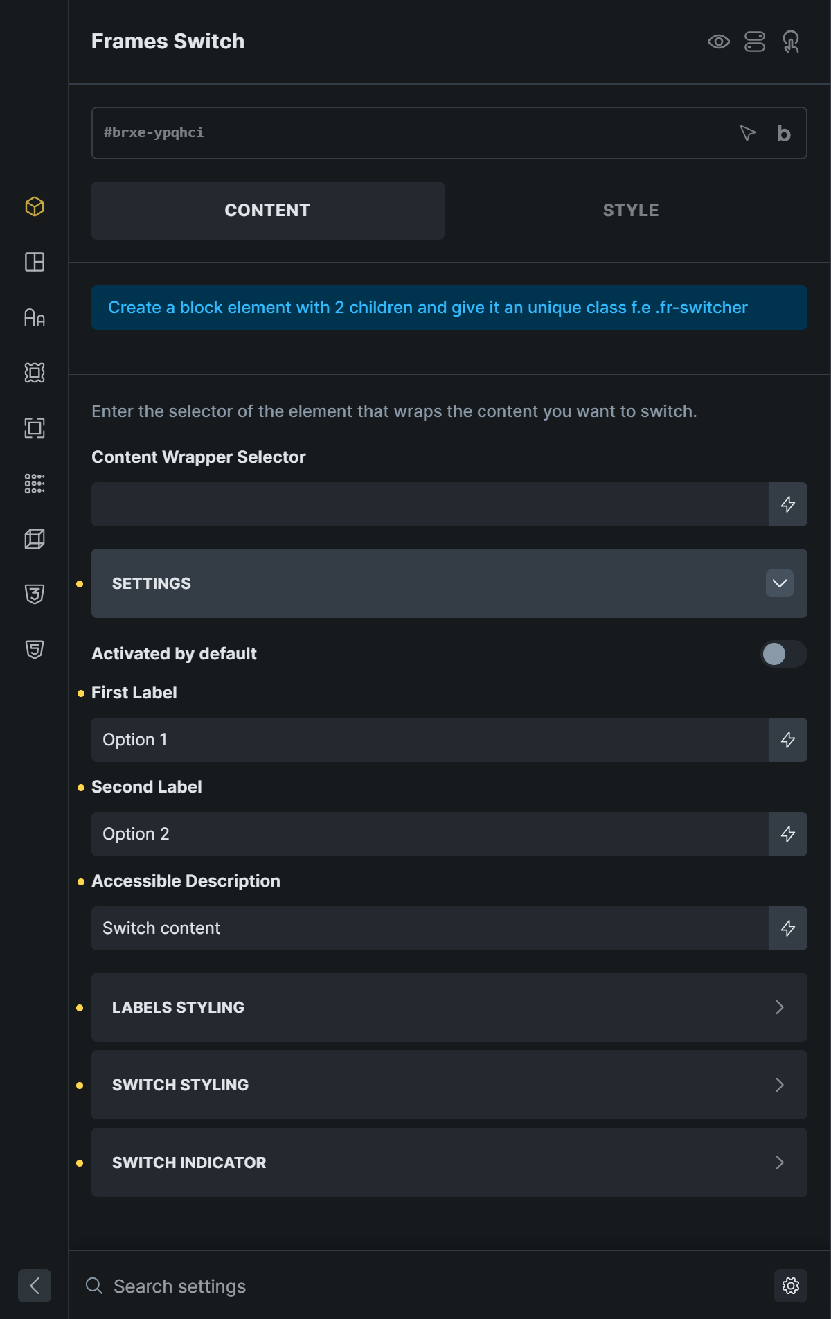 Settings panel of the Frames Switch