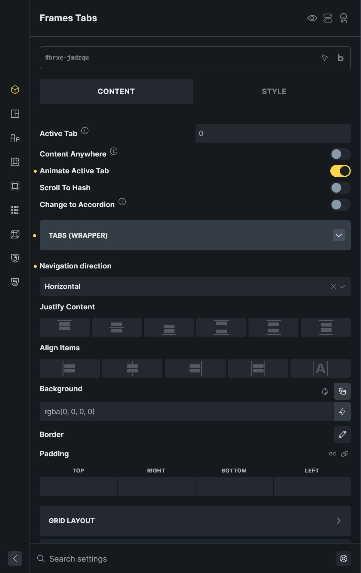Settings and wrapper styling of the Frames Tabs