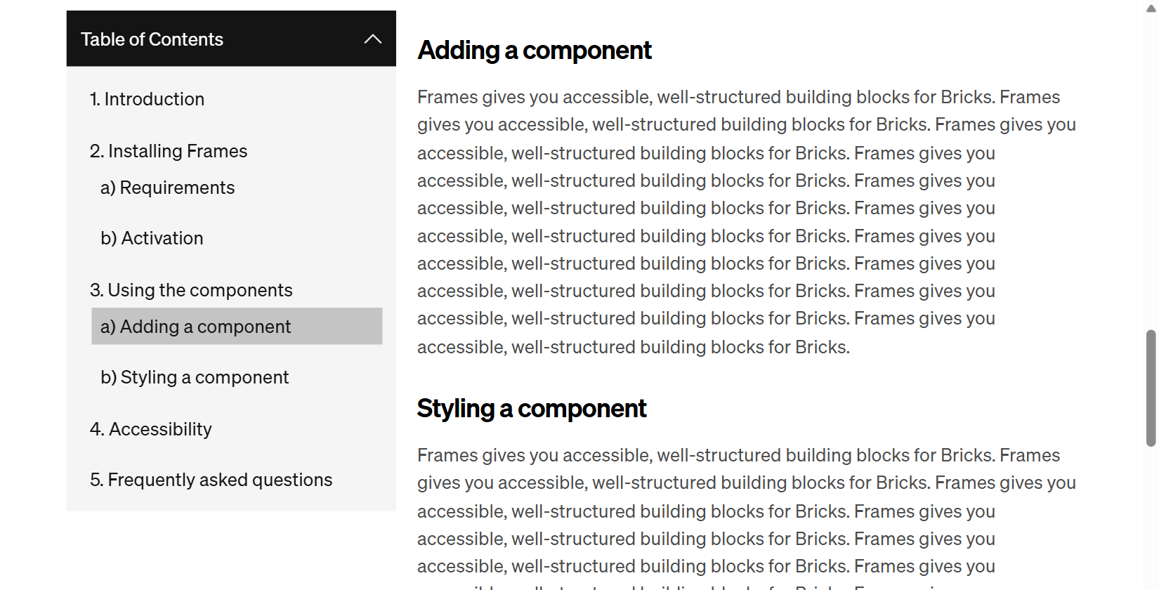 Table of Contents in a sticky sidebar with the current section highlighted