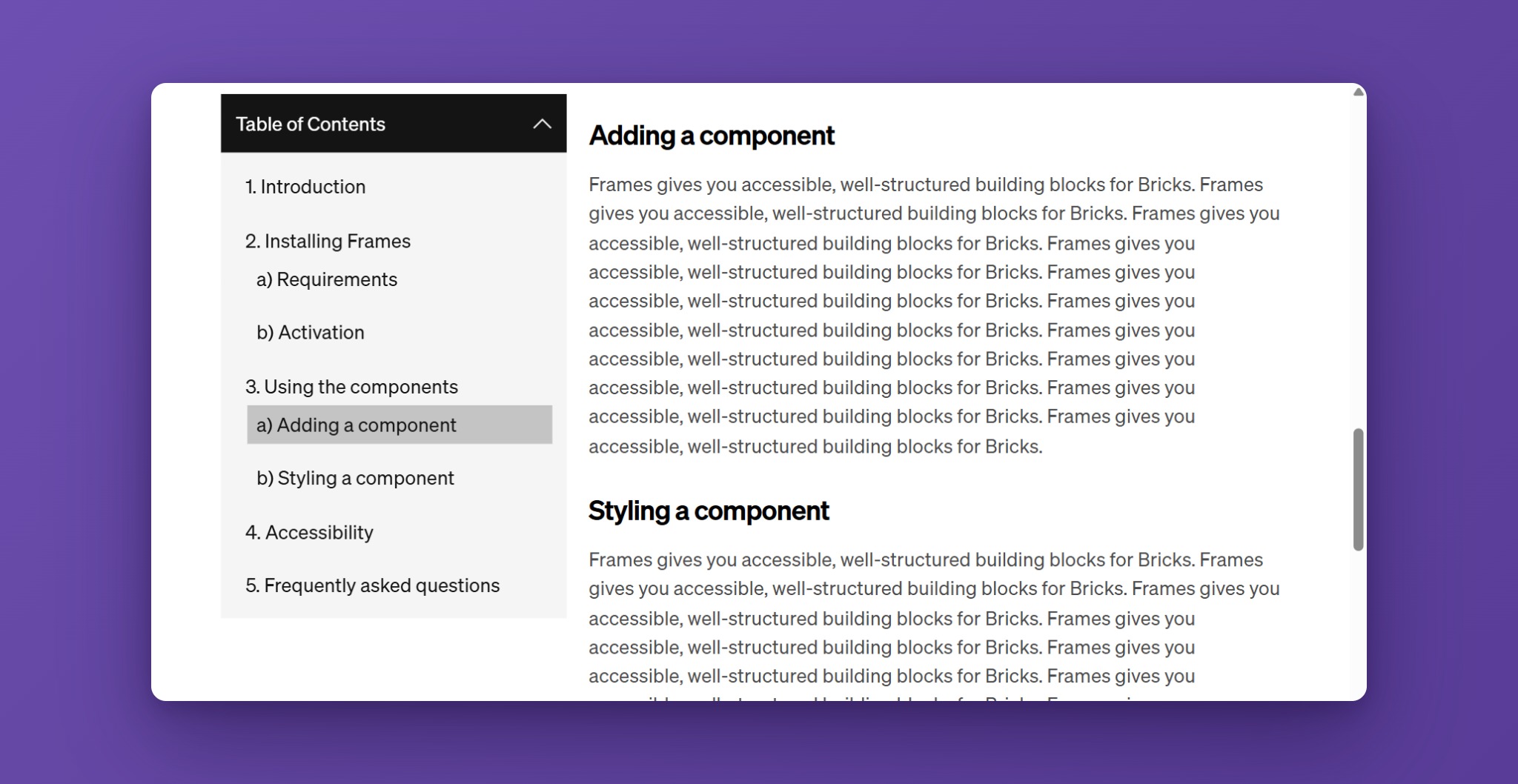 Table of Contents in a sticky sidebar with the current section highlighted