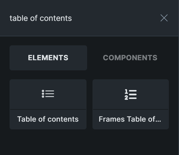 Searching for the Frames Table of Contents element in Bricks