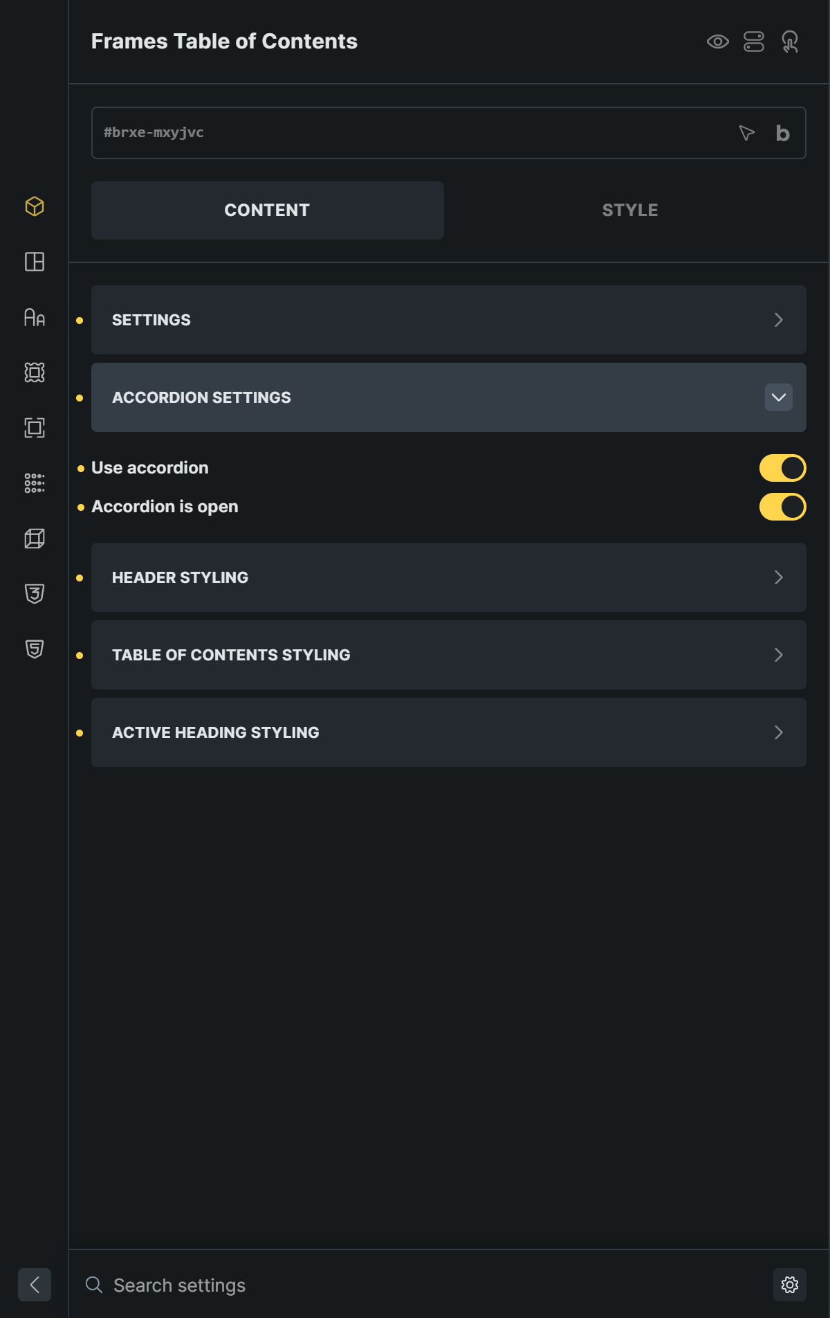 Accordion Settings panel