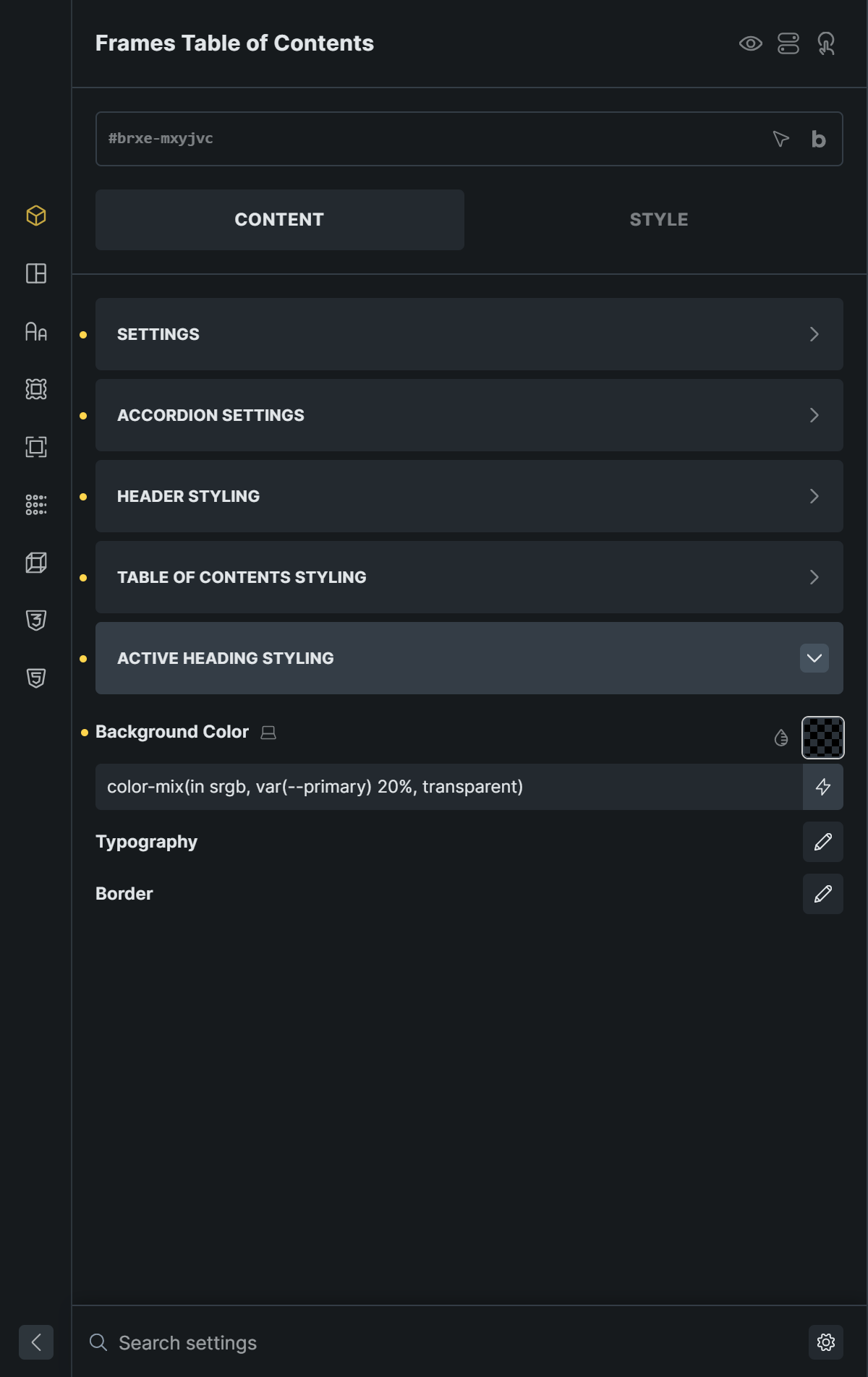 Active Heading Styling panel