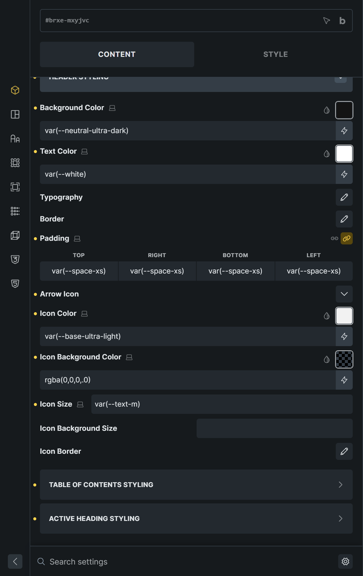 Header Styling panel
