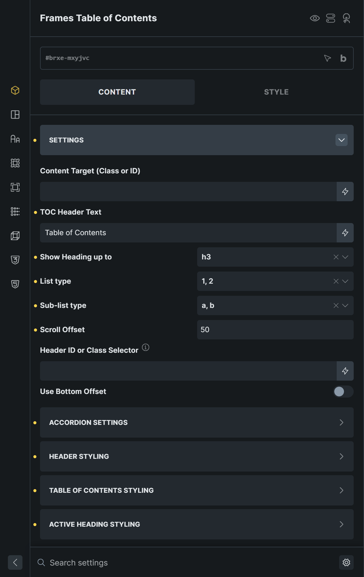 Settings panel of the Frames Table of Contents