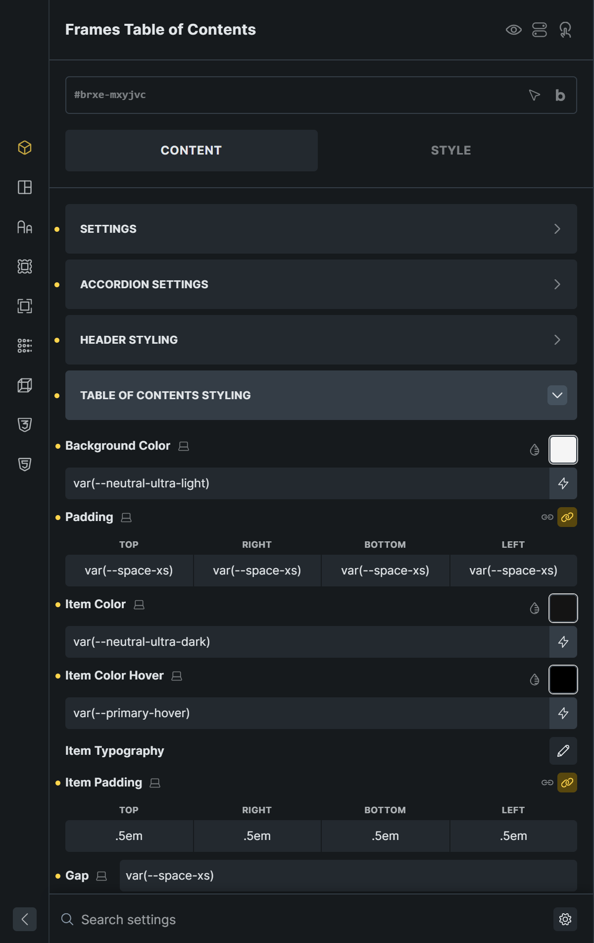 Table of Contents Styling panel